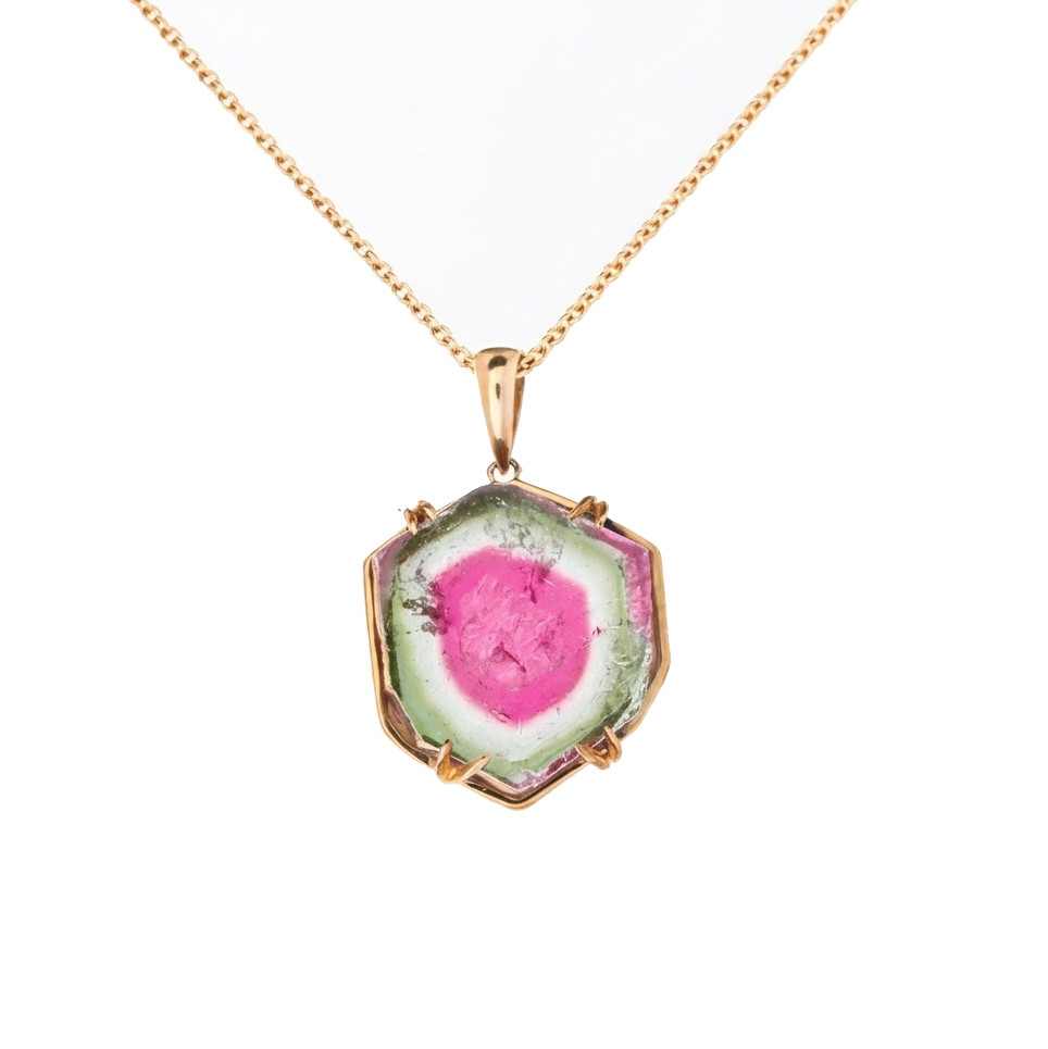 14K Gold Watermelon Tourmaline Slice Necklace