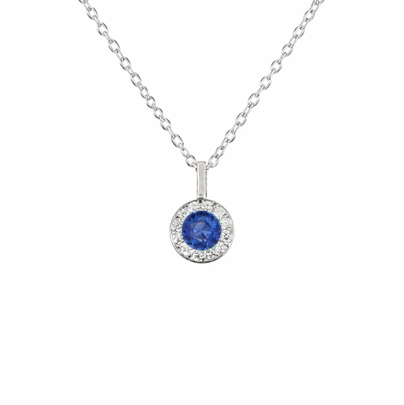 14K White Gold Sapphire & Diamond Halo Necklace