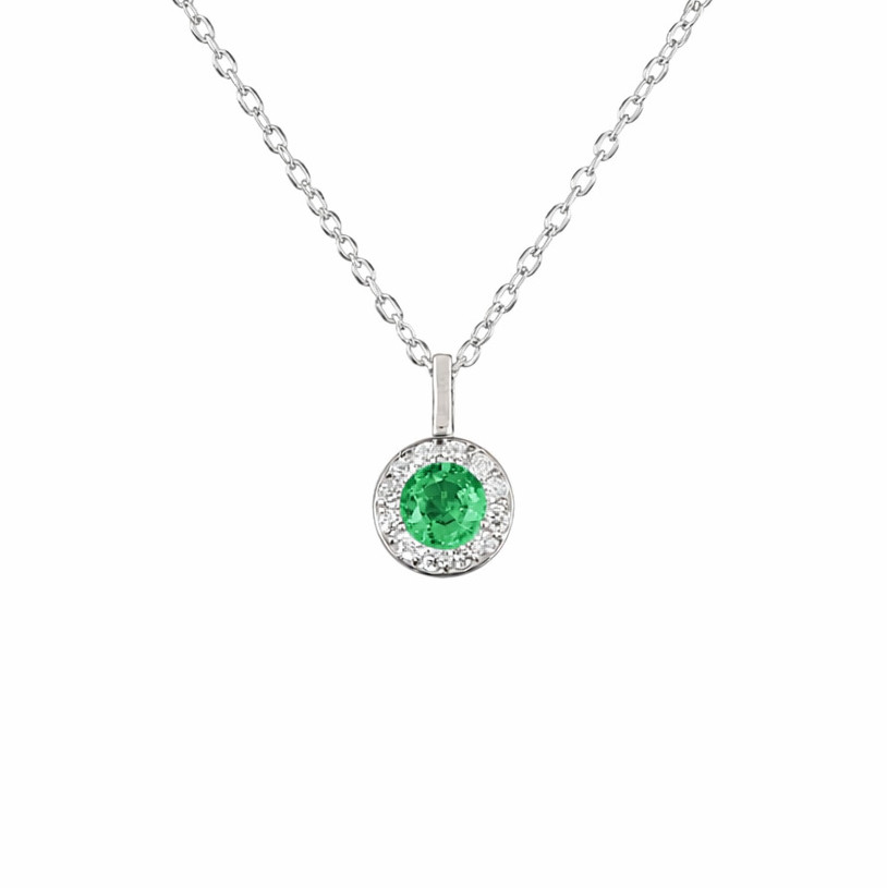14K White Gold Emerald & Diamond Halo Necklace
