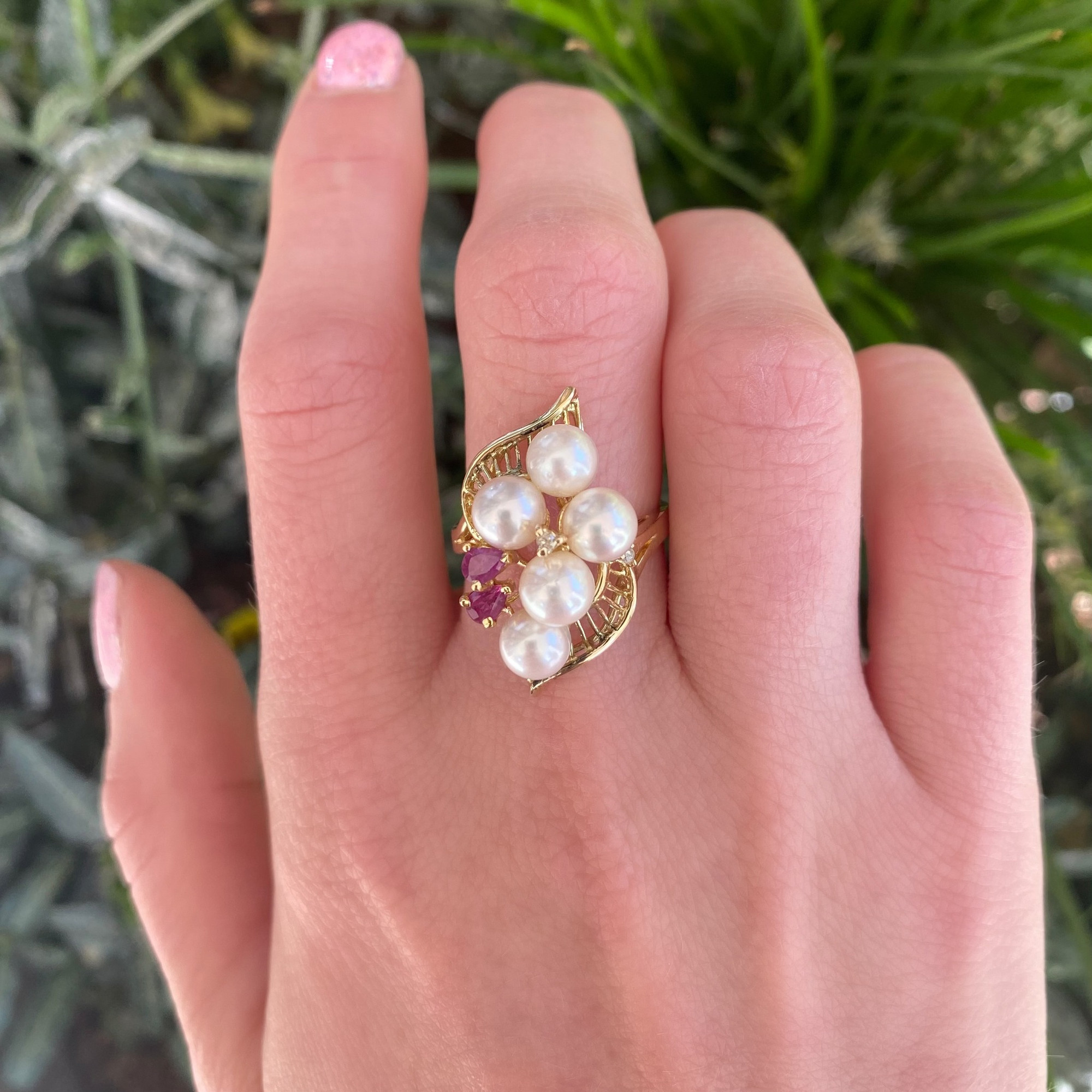 1980s Vintage 14K Gold, Diamond, and Pearl Filigree Ring