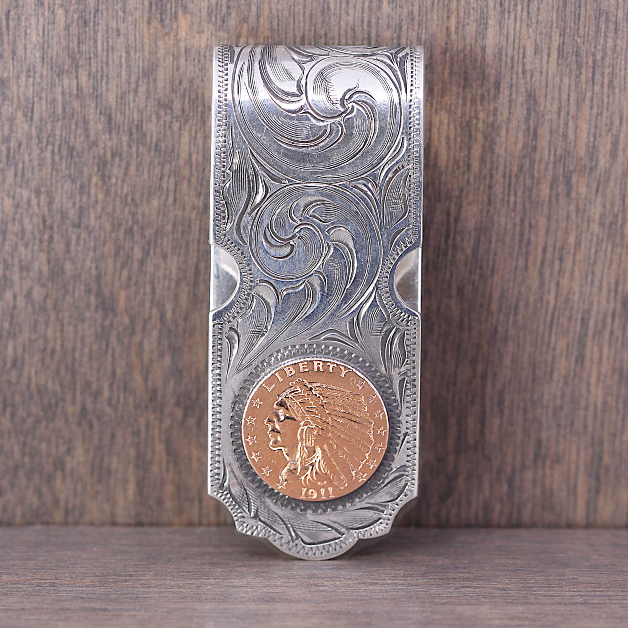 Sterling Silver Hand Engraved Money Clip with Genuine 1920's $2.50 Gold  Indian Head Coin