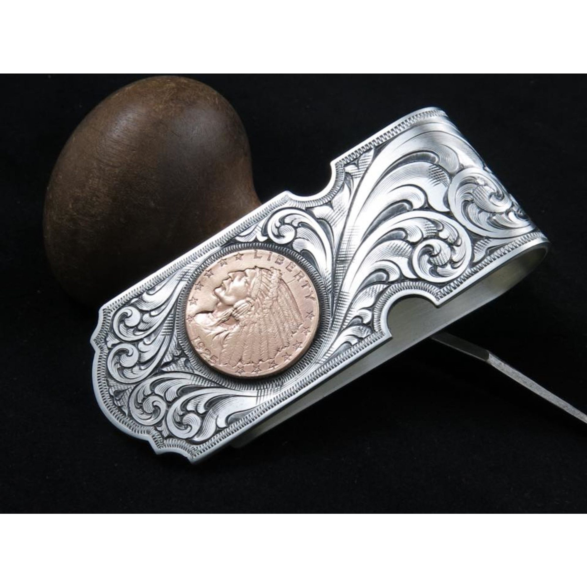 Hand Engraved Western Scroll $2.50 Indian Head Money Clip