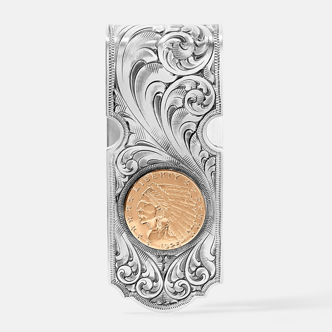 Hand Engraved Western Scroll $2.50 Indian Head Money Clip