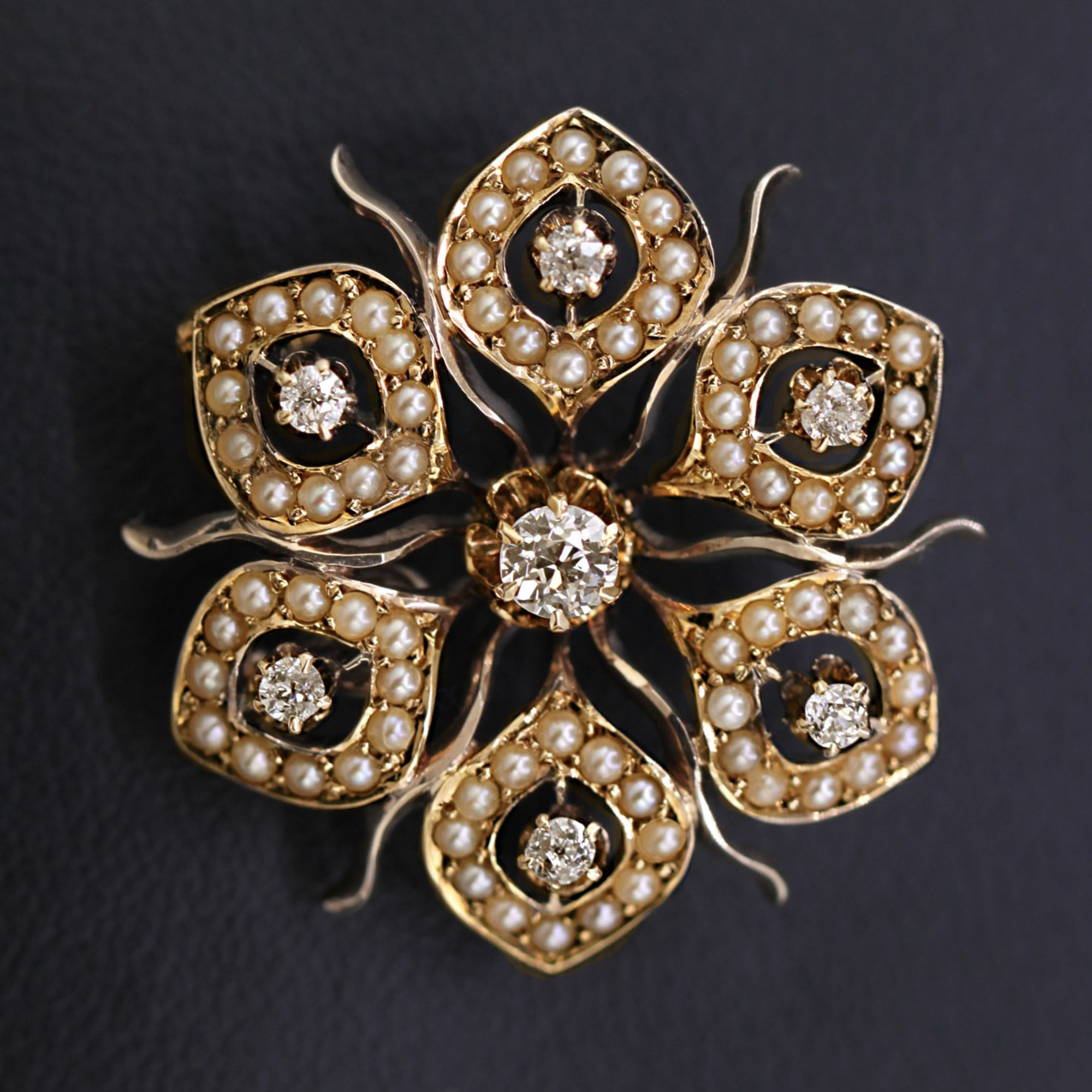 Vintage Early 1900s 14K Gold, Old Mine Cut Diamond and Seed Pearl Brooch -  Pendant14K Gold and Ruby Floral Wreath Brooch / Pin