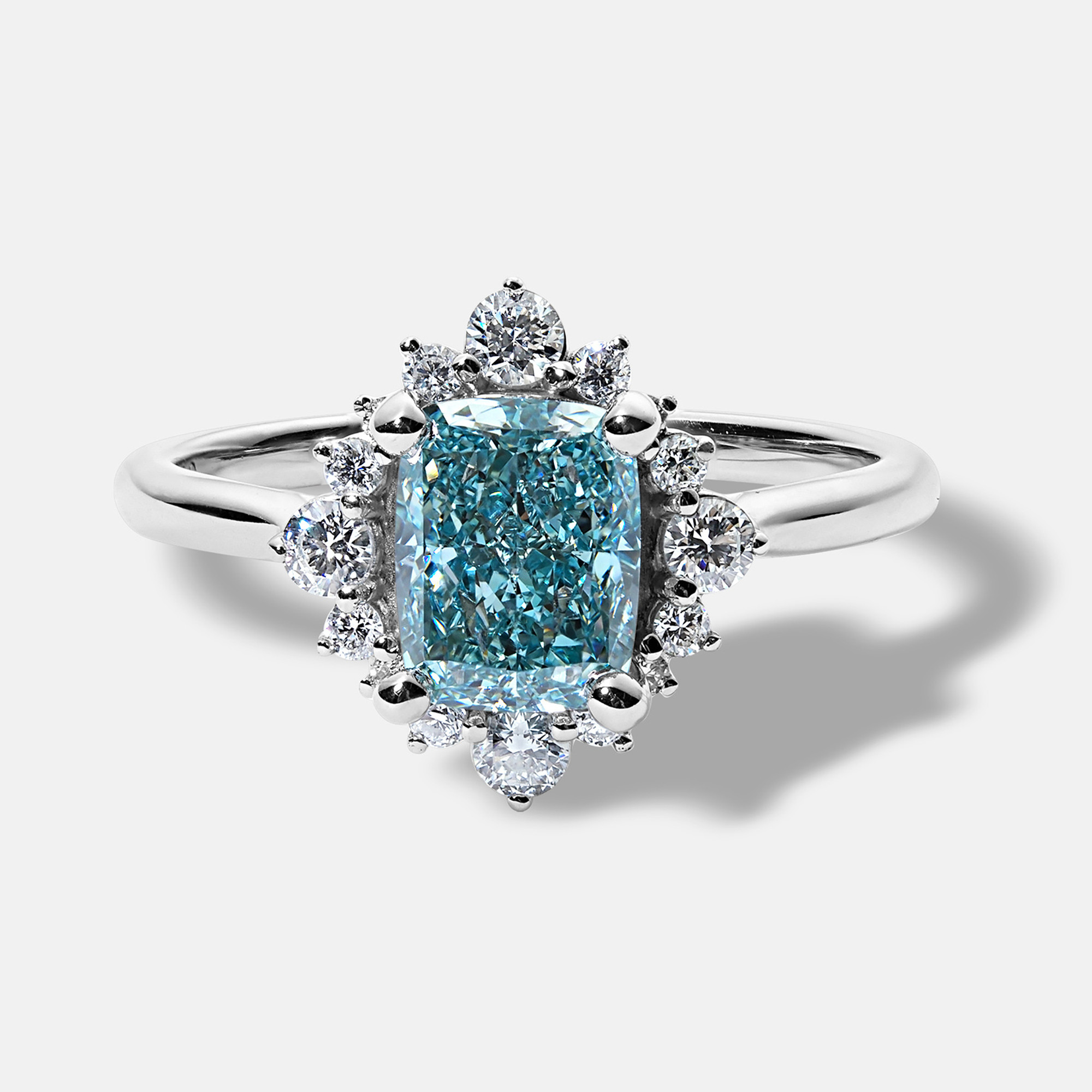 Lab-Grown Blue Cushion Cut Diamond Halo Engagement Ring