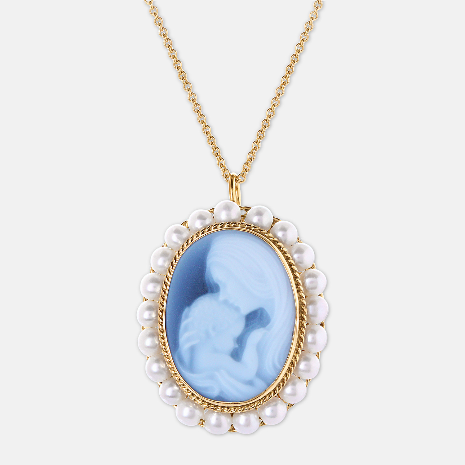 Estate 14K Akoya Pearl & Agate Mother & Child Cameo Pin