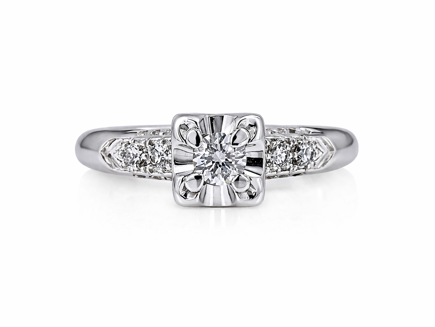 14K White Gold Vintage Transitional Cut Diamond Engagement Ring