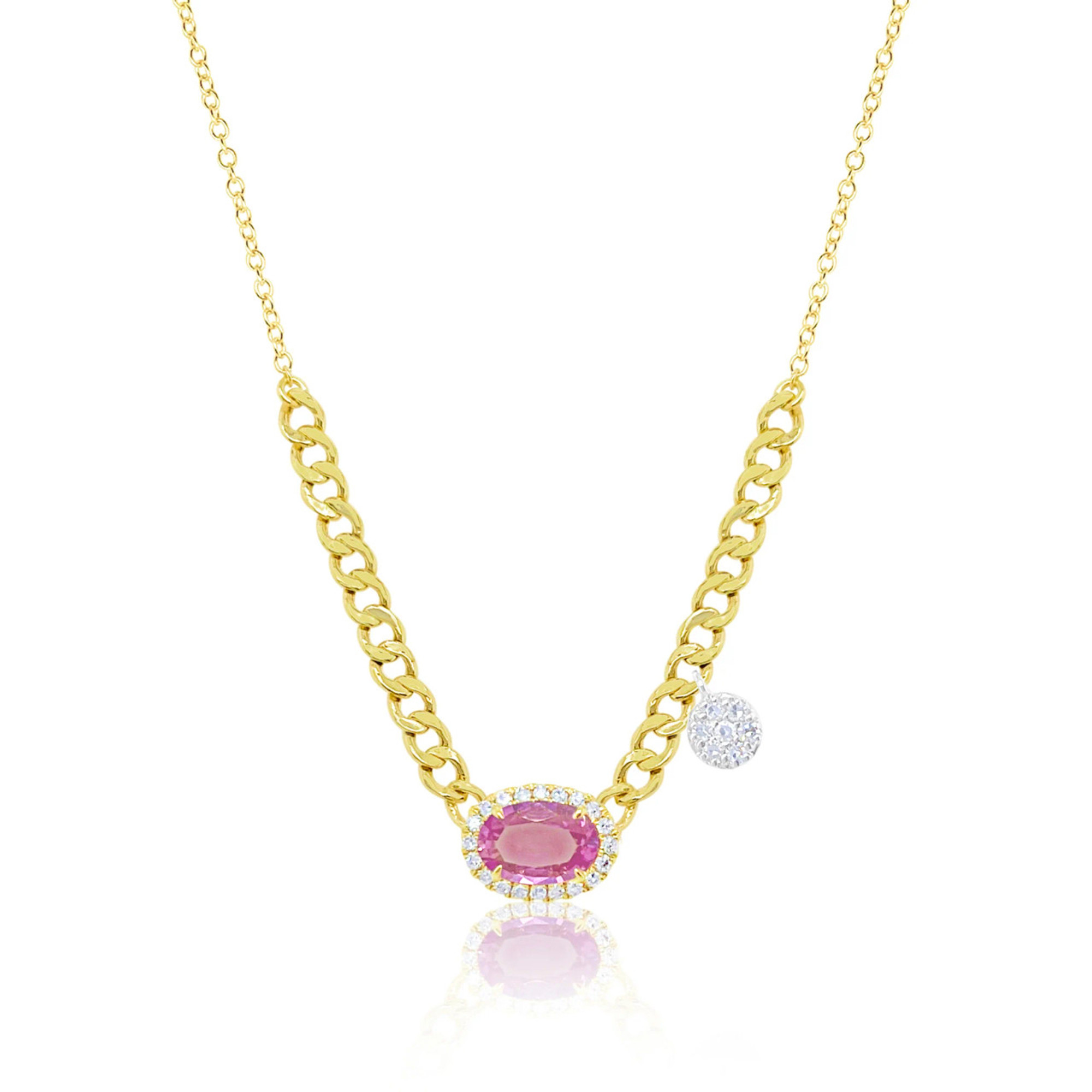 14K Yellow Gold Cuban Link Diamond & Pink Sapphire Necklace by Meira T