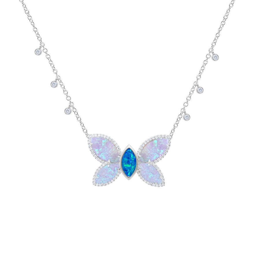 14K White Gold Diamond Opal Butterly Necklace by Meira T
