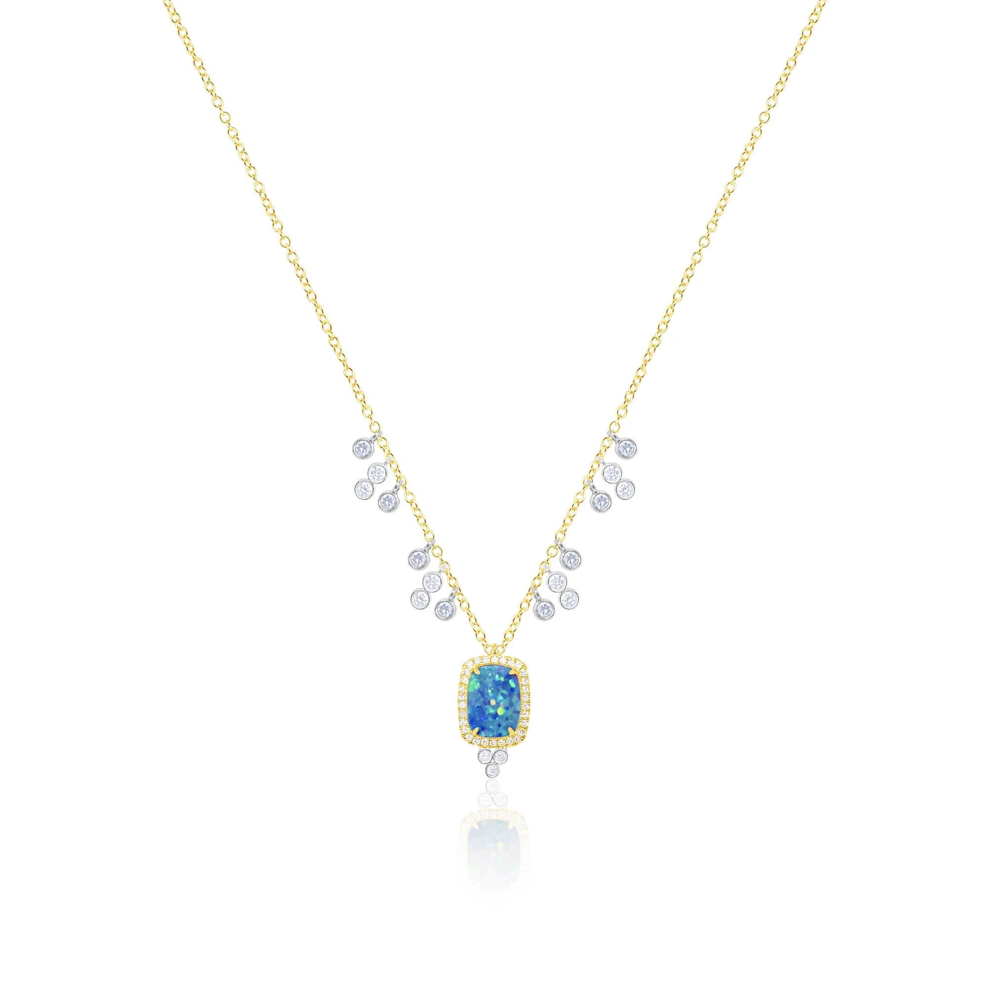 14K Yellow Gold Blue Opal & Diamond Dangle Necklace by Meira T