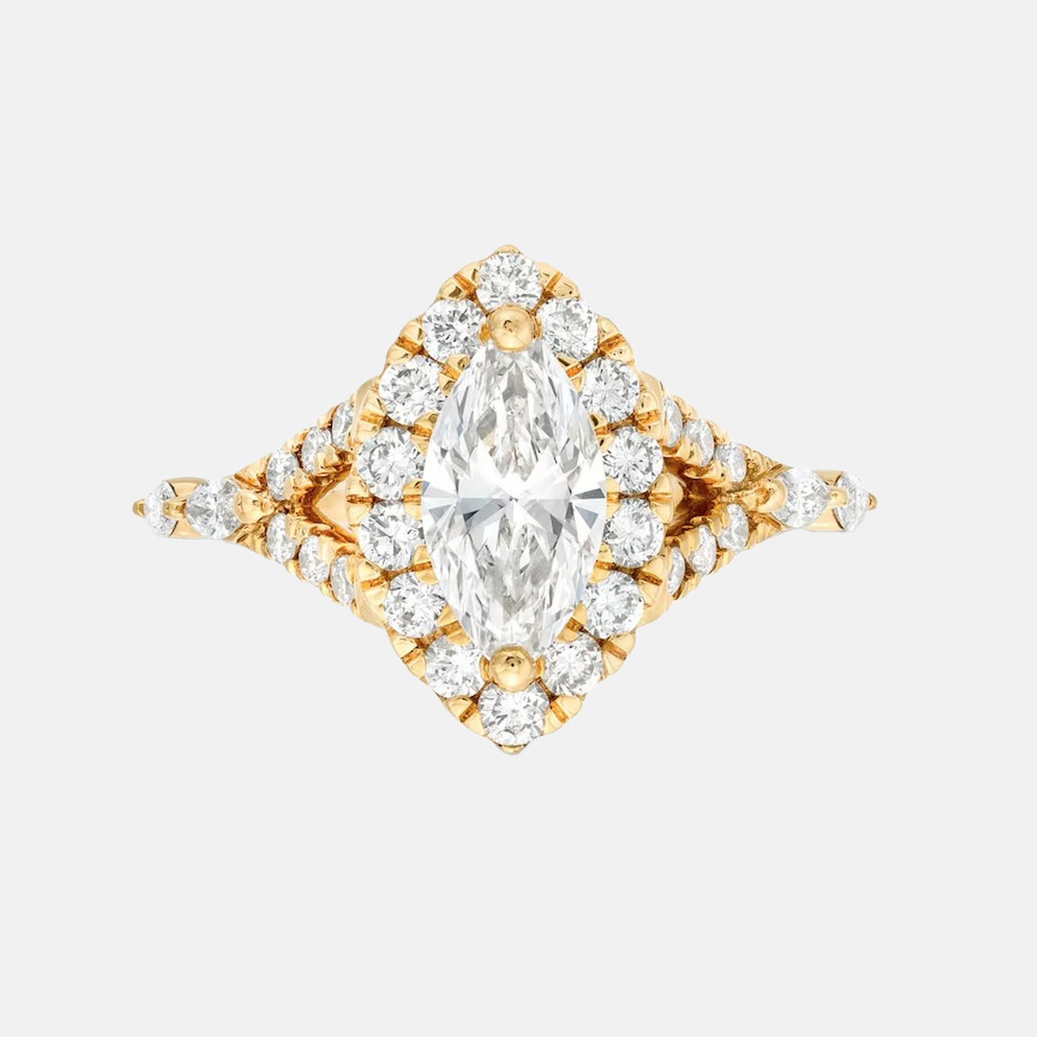 18K Yellow Gold Lab Grown Marquise Halo Split-Shank Engagement Ring