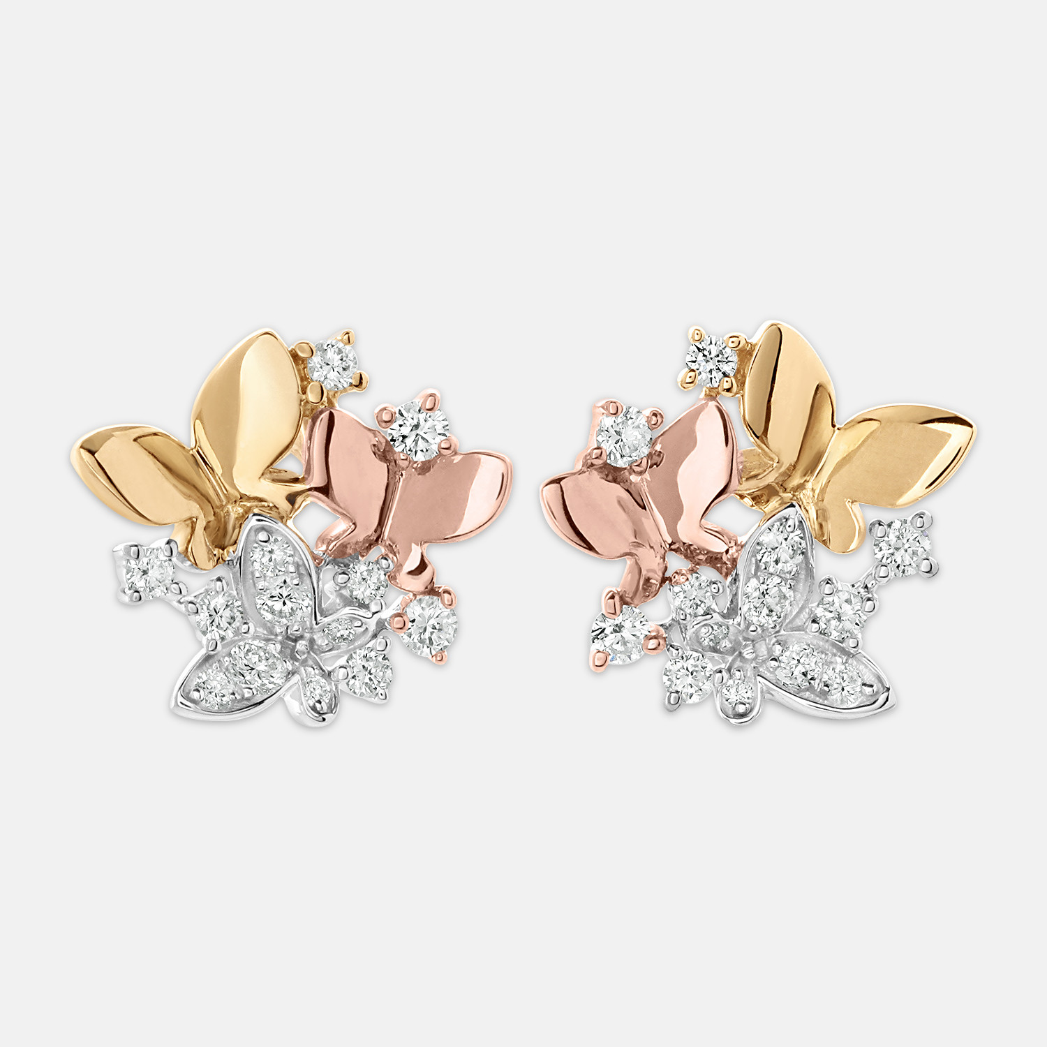 14K Tri-Colored Gold .34ctw Diamond Butterfly Stud Earrings