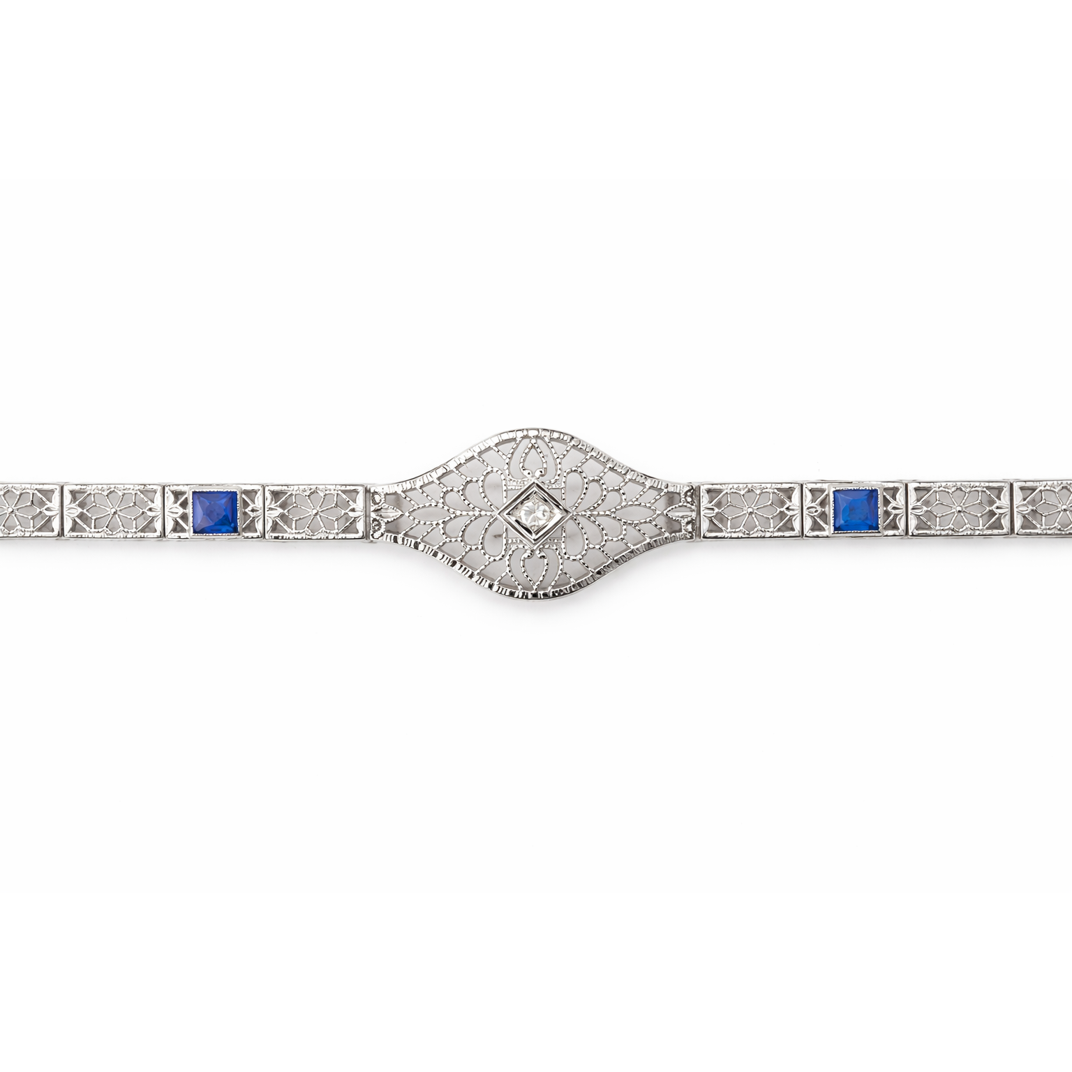 Ladies Vintage Art Deco 14K White Gold, Diamond & Sapphire Filigree Bracelet, 7"