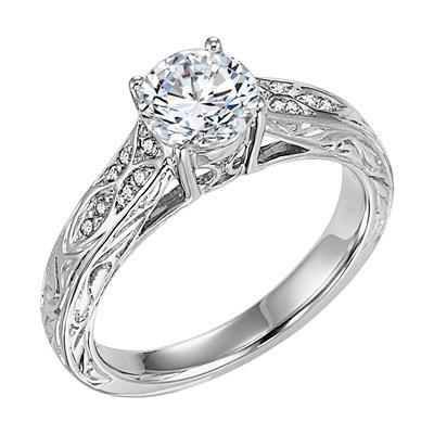 14K White Gold Vintage-Inspired Engraved Diamond Engagement Ring by ArtCarved
