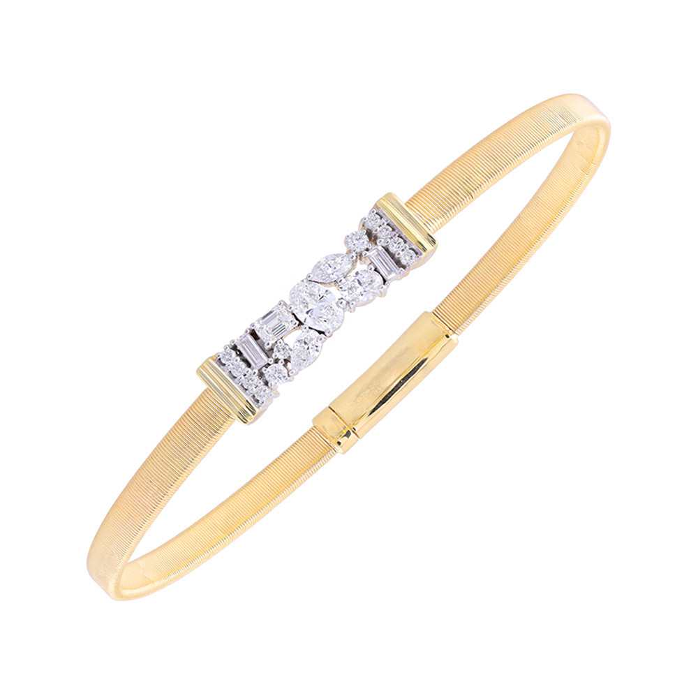 14K Yellow Gold Mixed Diamond Shape Wire Textured Flex Bangle Bracelet
