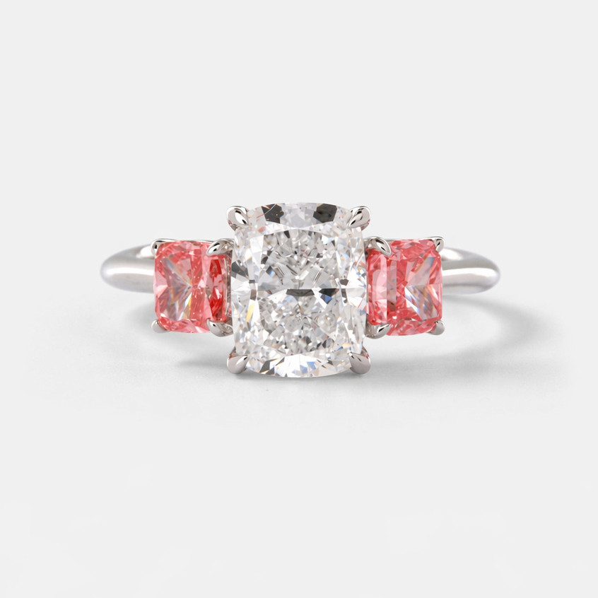 14K White Gold Pink & White Diamond 3 Stone Ring
