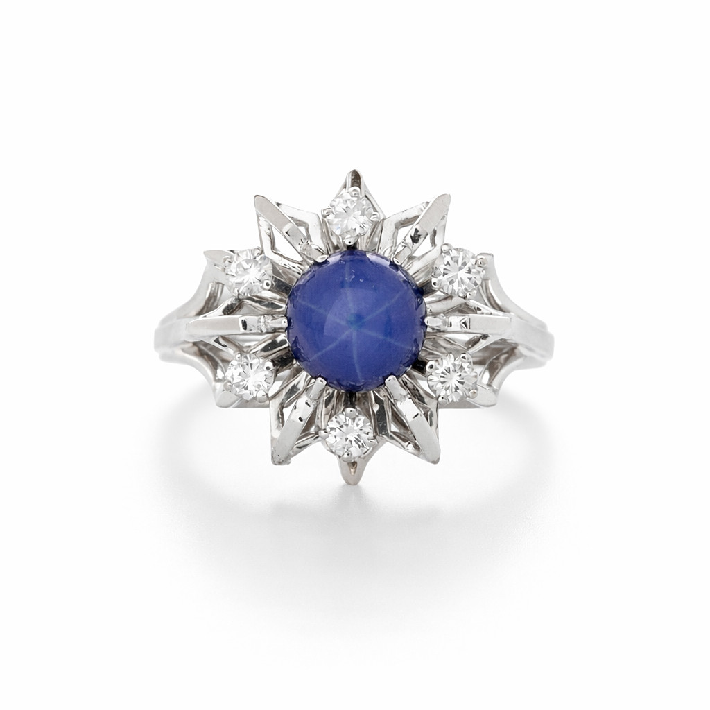 Mid-Century 14K White Gold Star Sapphire & Diamond Starburst Ring