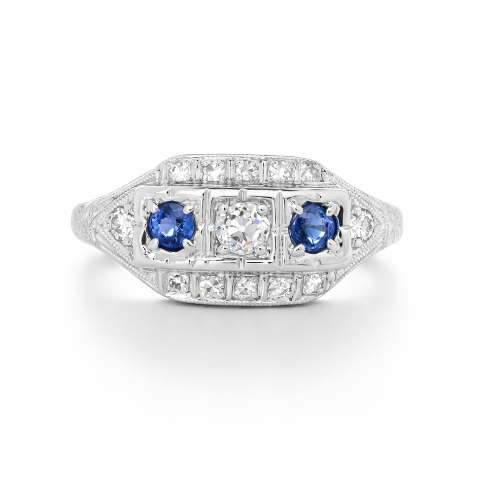 Ladies Vintage 3 Stone Diamond & Sapphire Ring