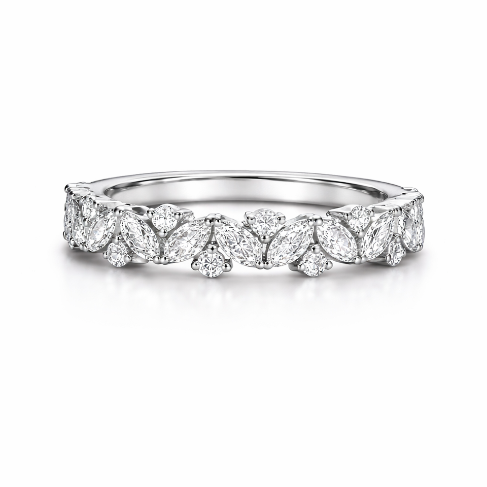 14K White Gold Lab Grown Marquise & Round Brilliant Wreath Band