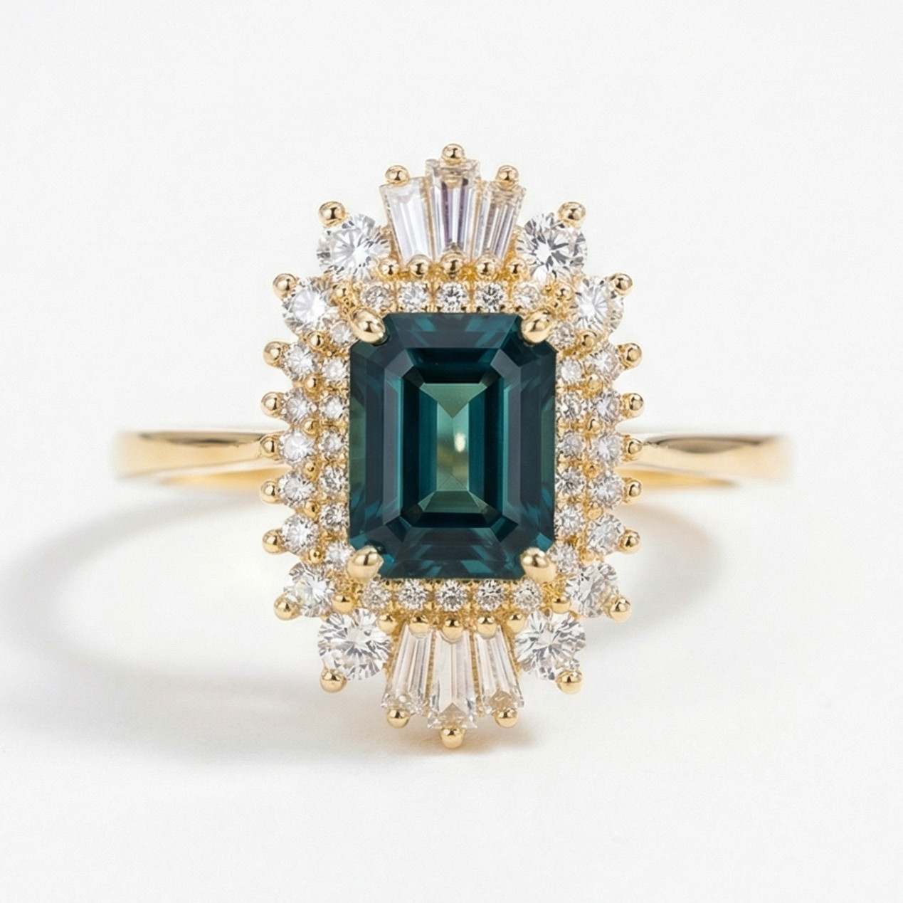 14K Yellow Gold Emerald Cut Teal Parti Sapphire Ballerina Diamond Halo Ring