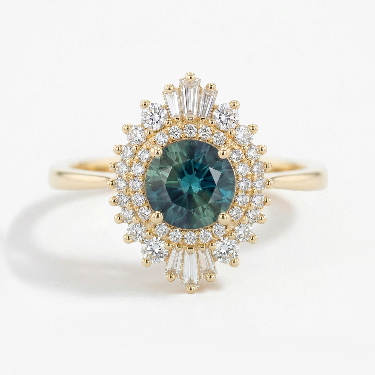 14K Yellow Gold Diamond Halo Round Parti-Colored Teal Sapphire Ring