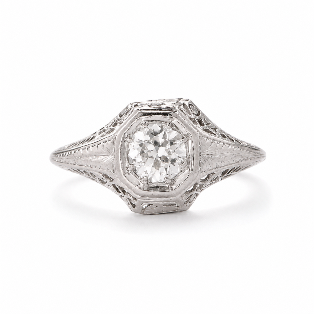 Vintage Platinum & .51ct Old European Cut Diamond Filigree Ring