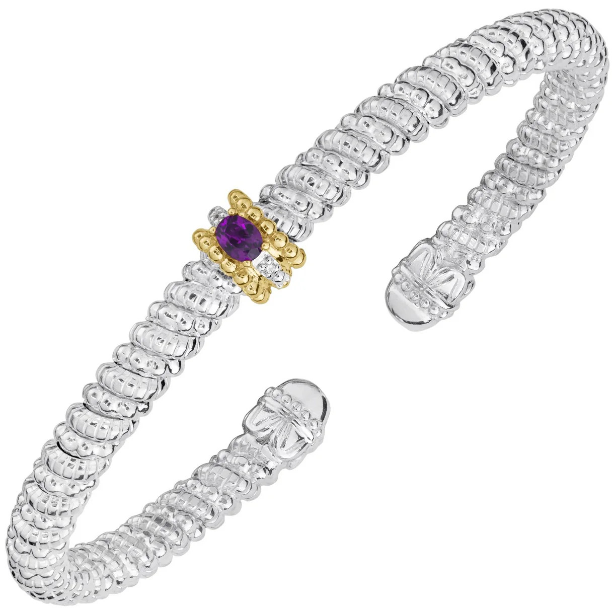 14K Gold and Sterling Silver Amethyst and Diamond Stackable Bracelet
