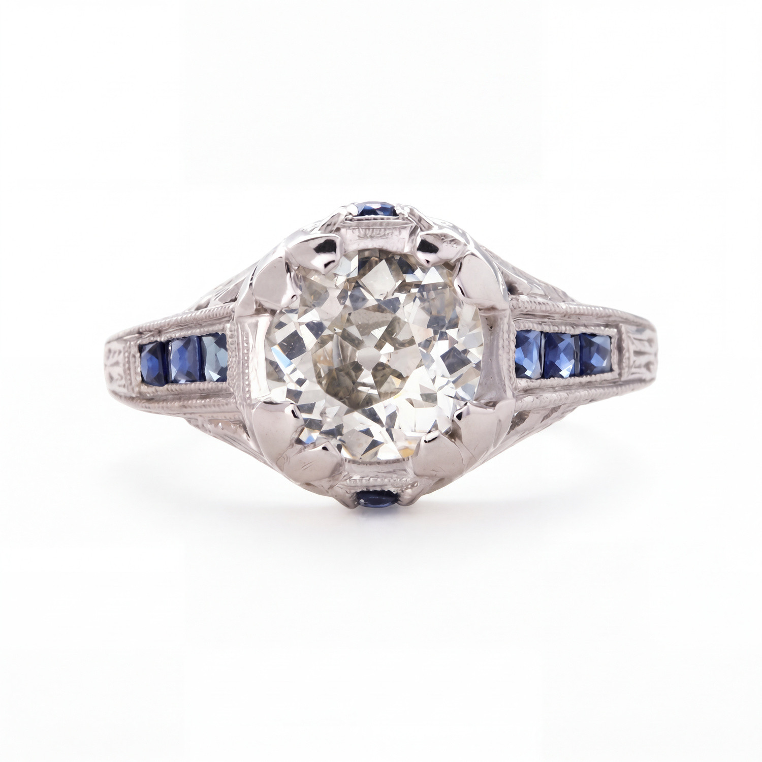 Early 1900s Vintage Platinum, Diamond & Sapphire Engagement Ring