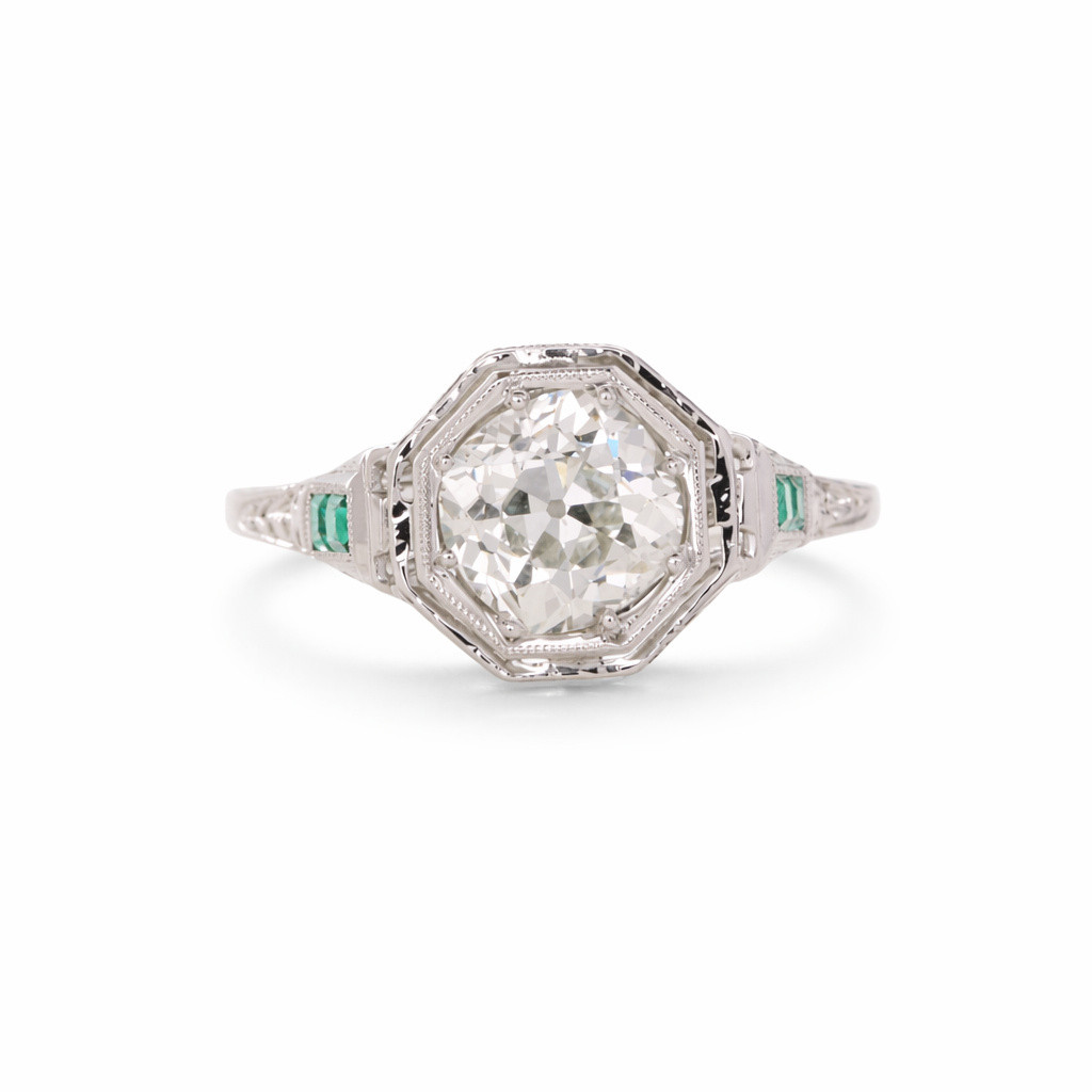 Vintage 18K White Gold & Old European Cut Diamond & Emerald Filigree Ring
