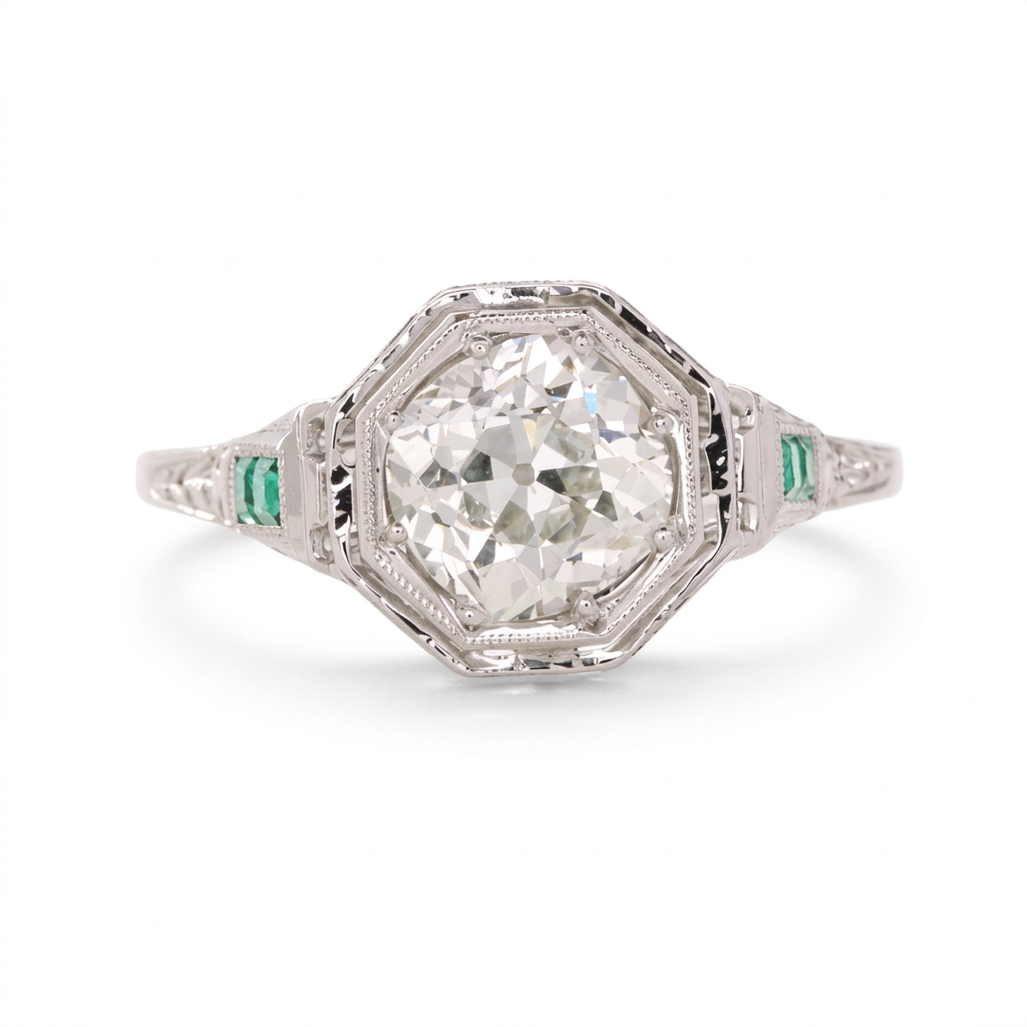 Vintage 18K White Gold & Old European Cut Diamond & Emerald Filigree Ring