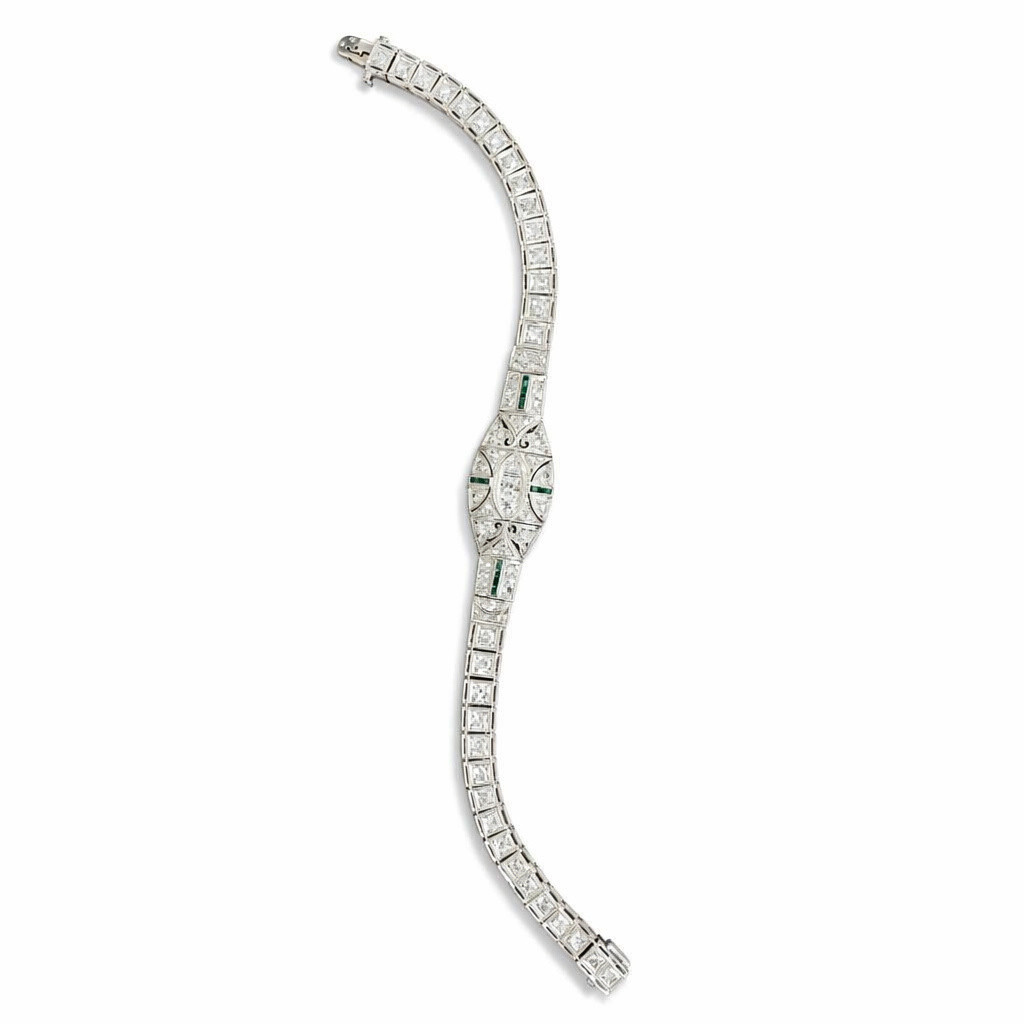 Ladies Vintage Art Deco Revival Platinum, Diamond & Emerald Bracelet