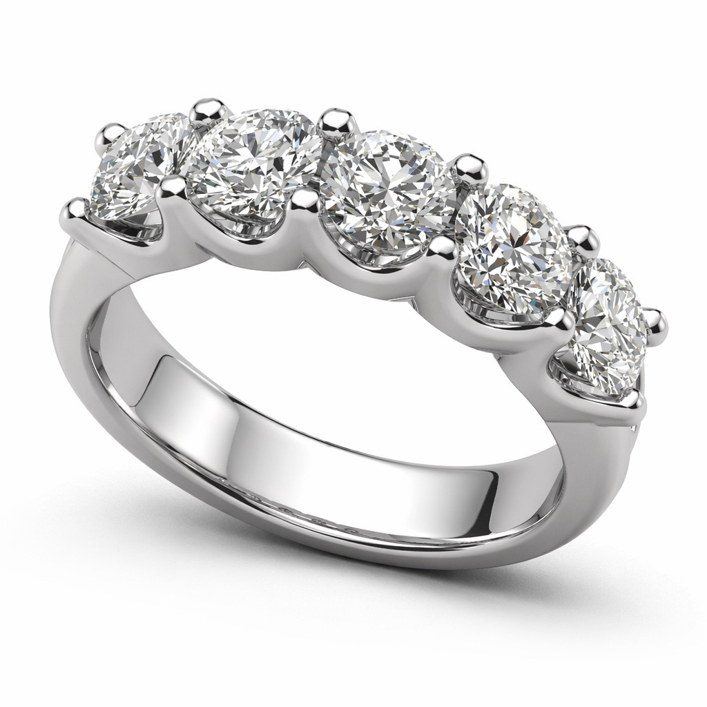 14K White Gold 5 Stone Round Brilliant Diamond Wedding Band