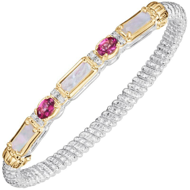 14K Gold and Sterling Silver Mother of Pearl, Pink Topaz, and Diamond Bangle