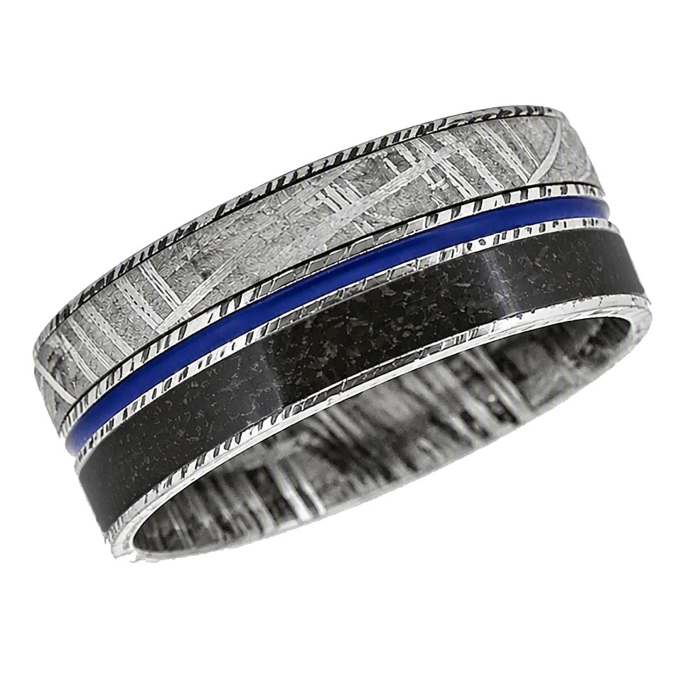 Damascus Steel, Meteorite, & Black Dinosaur Bone Band by Lashbrook Designs