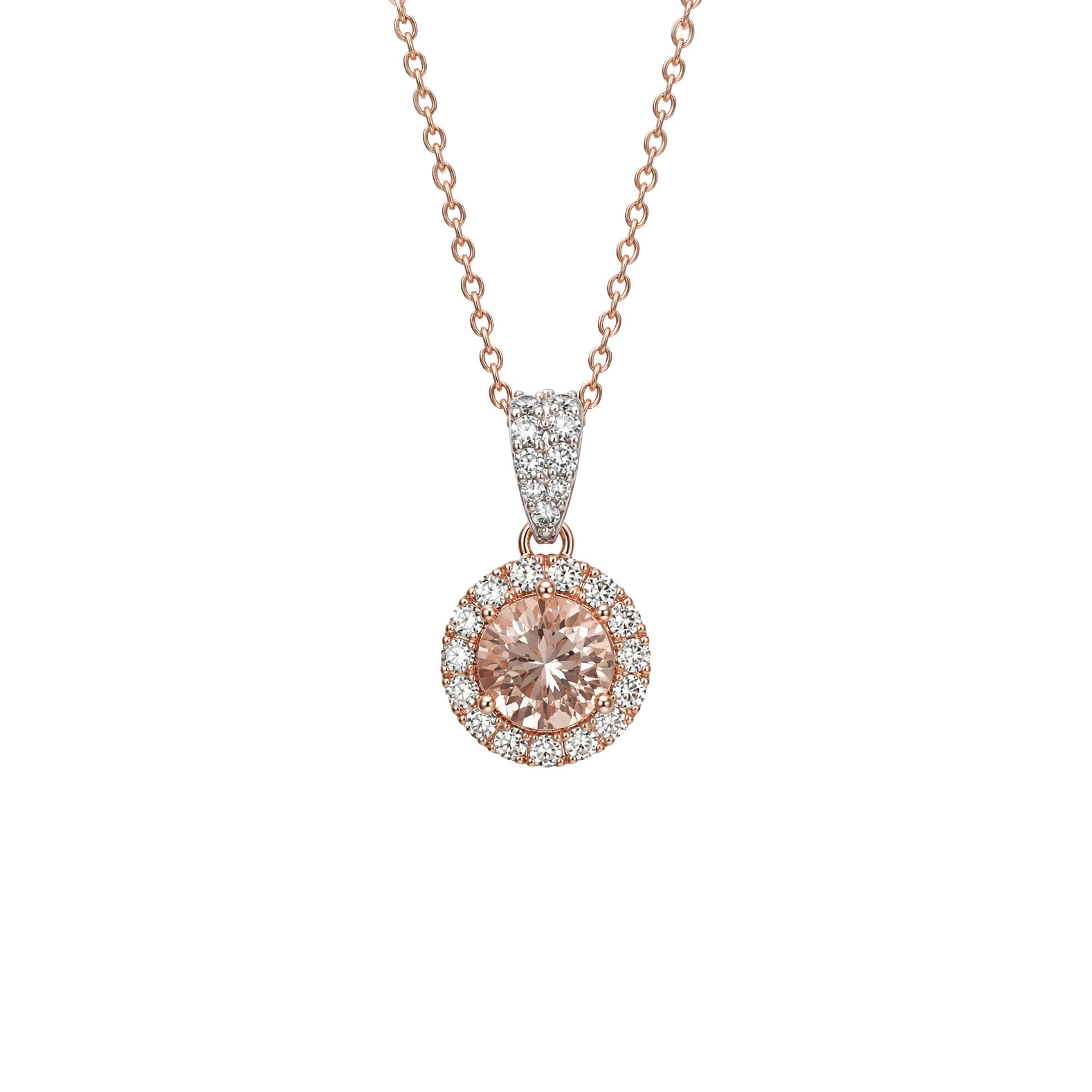 14K Rose & White Gold Morganite Diamond Halo Necklace