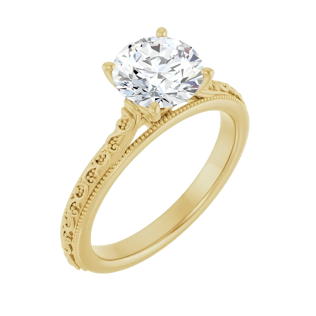 14K Yellow Gold Vine Scroll Round Brilliant Solitaire Engagement Ring