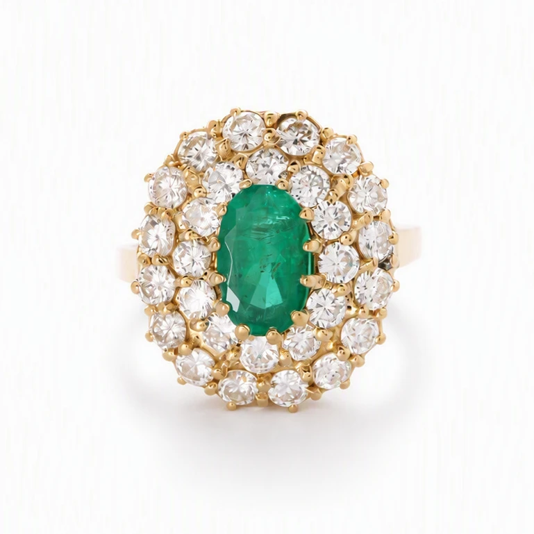 18K Yellow Gold Estate Emerald & Diamond Halo Ring