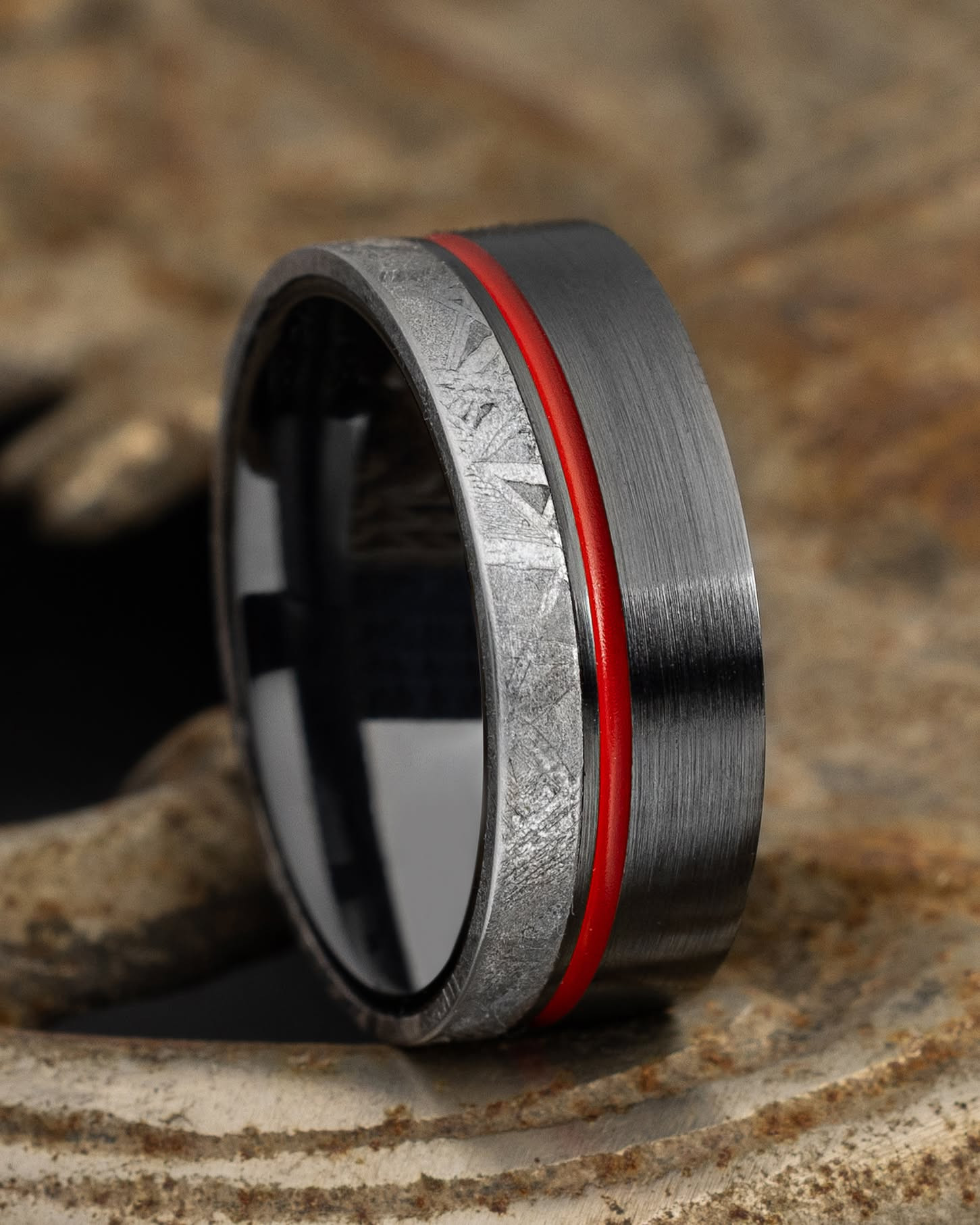 Zirconium, Gibeon Meteorite, & Red Cerakote Band by Lashbrook Designs