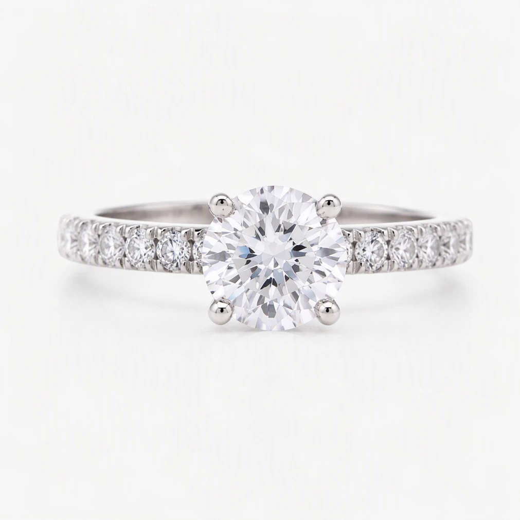 14K White Gold 1.02ct Round Brilliant Lab Grown Hidden Halo French Set Diamond Engagement Ring