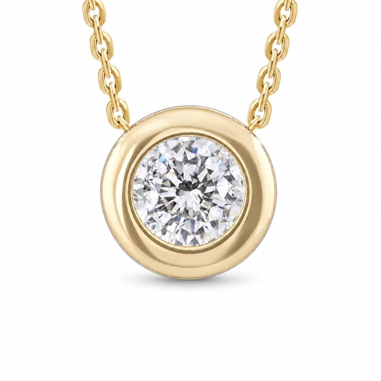 14K Yellow Gold .38ct Round Brilliant Diamond Bezel Stationary Pendant Necklace