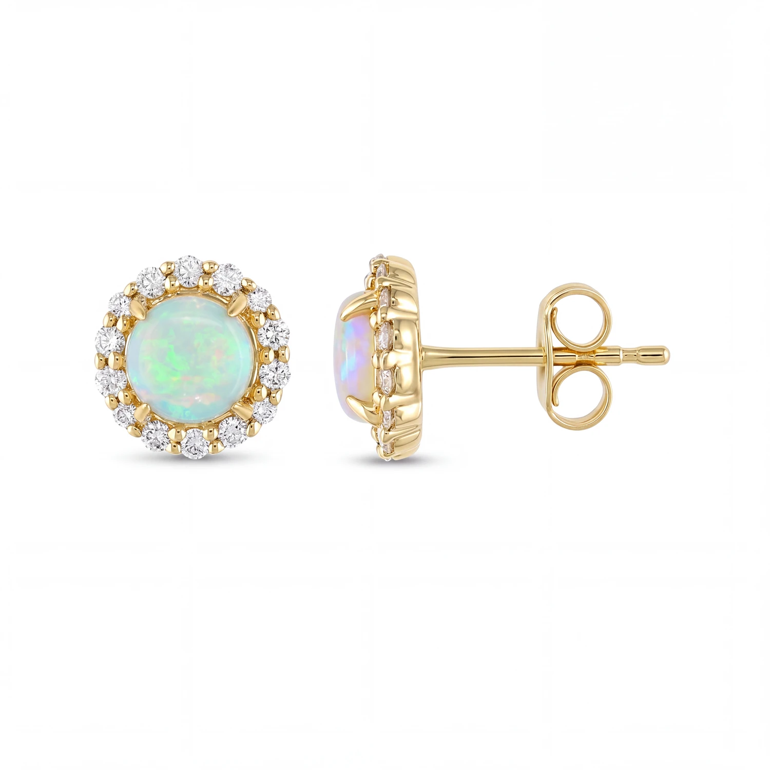 14K Yellow Gold 1.06ctw Round Opal & .38ctw Diamond Halo Stud Earrings
