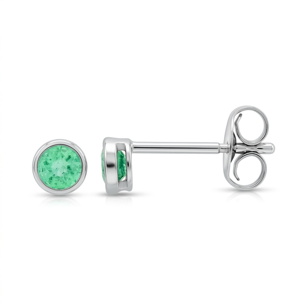 14K White Gold .34ctw Round Emerald Bezel Stud Earrings