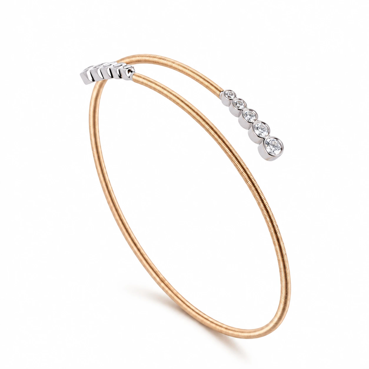 14K Yellow & White Gold .61ctw Diamond Bezel Set Bypass Wire Texture Flex Bangle Bracelet