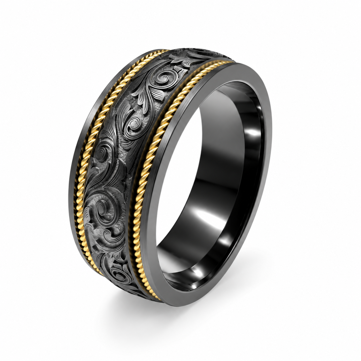 8mm Black Zirconium Western Scroll Engraved Band with 14K Yellow Gold Rope Inlays