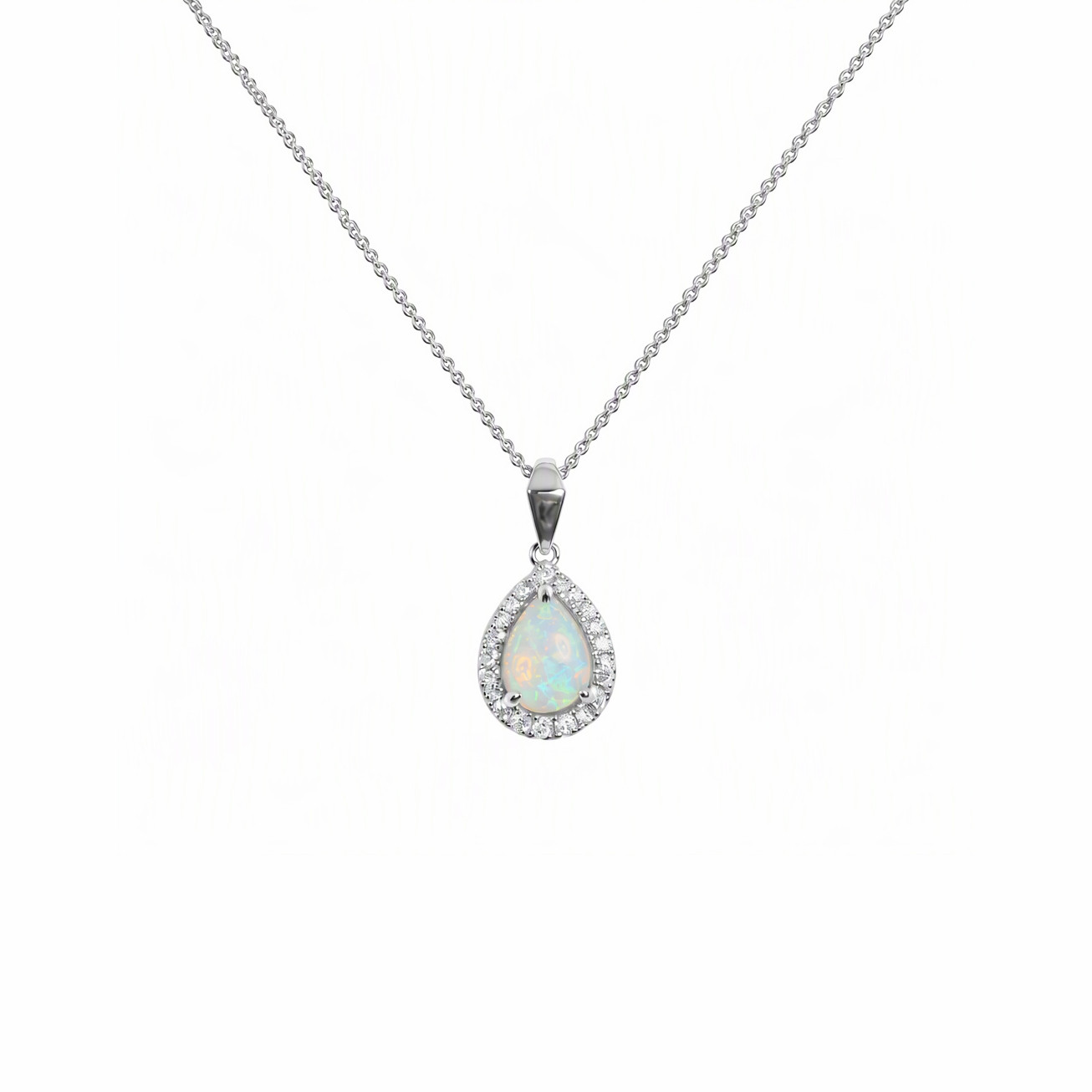 14K White Gold Pear Shaped Opal Diamond Halo Necklace, 18"