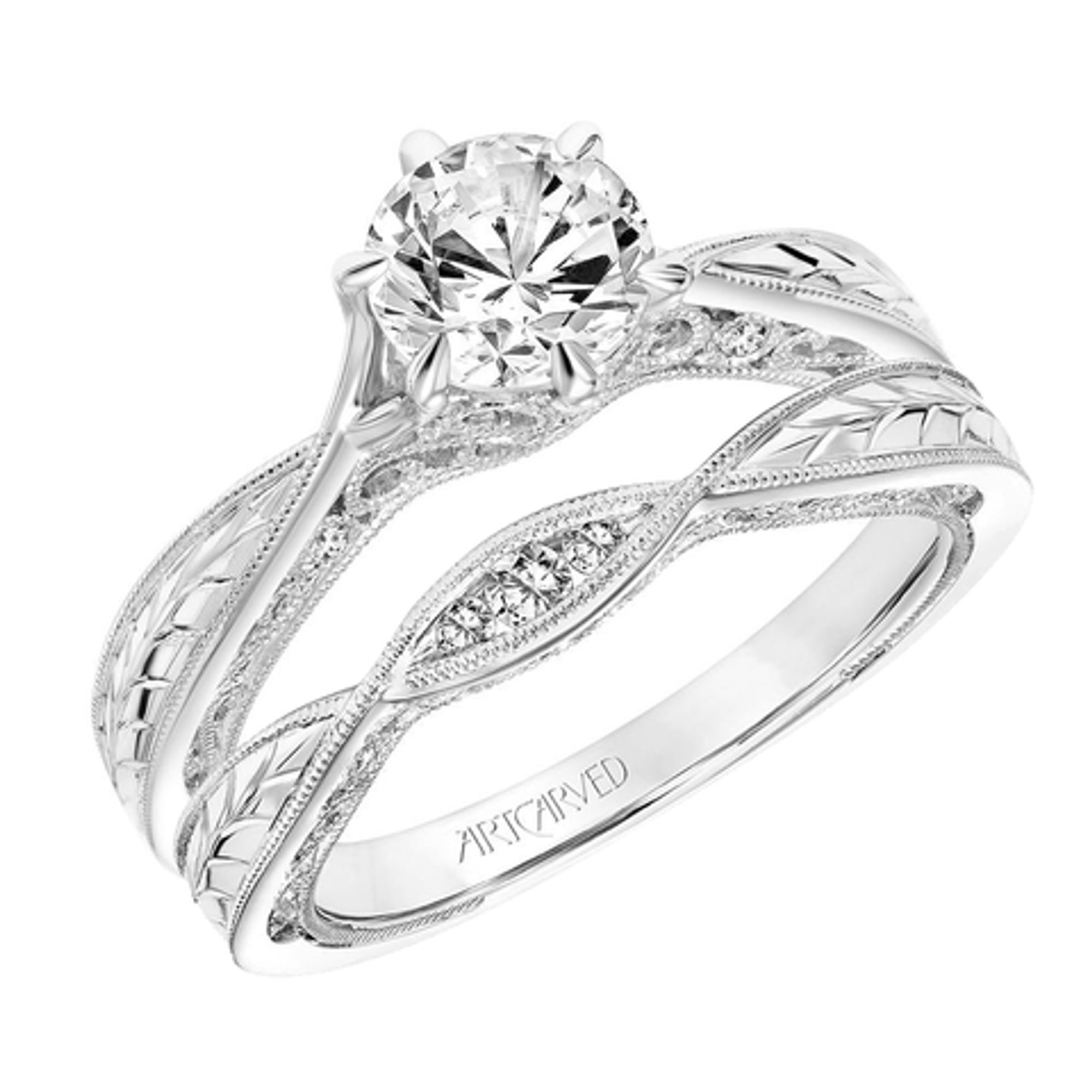 Diamond and 14kt White Gold Engraved Engagement Ring & Band by ArtCarved