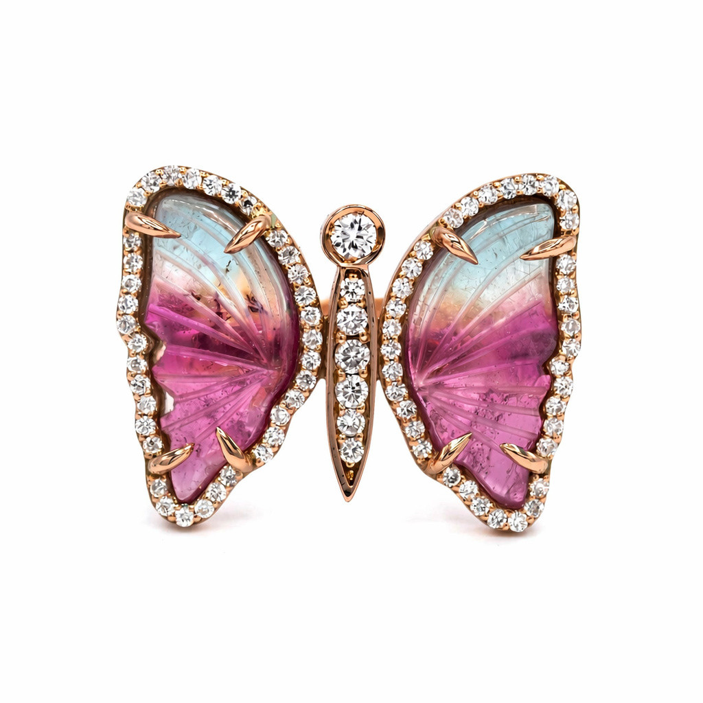 14k Rose Gold, Diamond & Ombre Tourmaline Carved Butterfly Ring