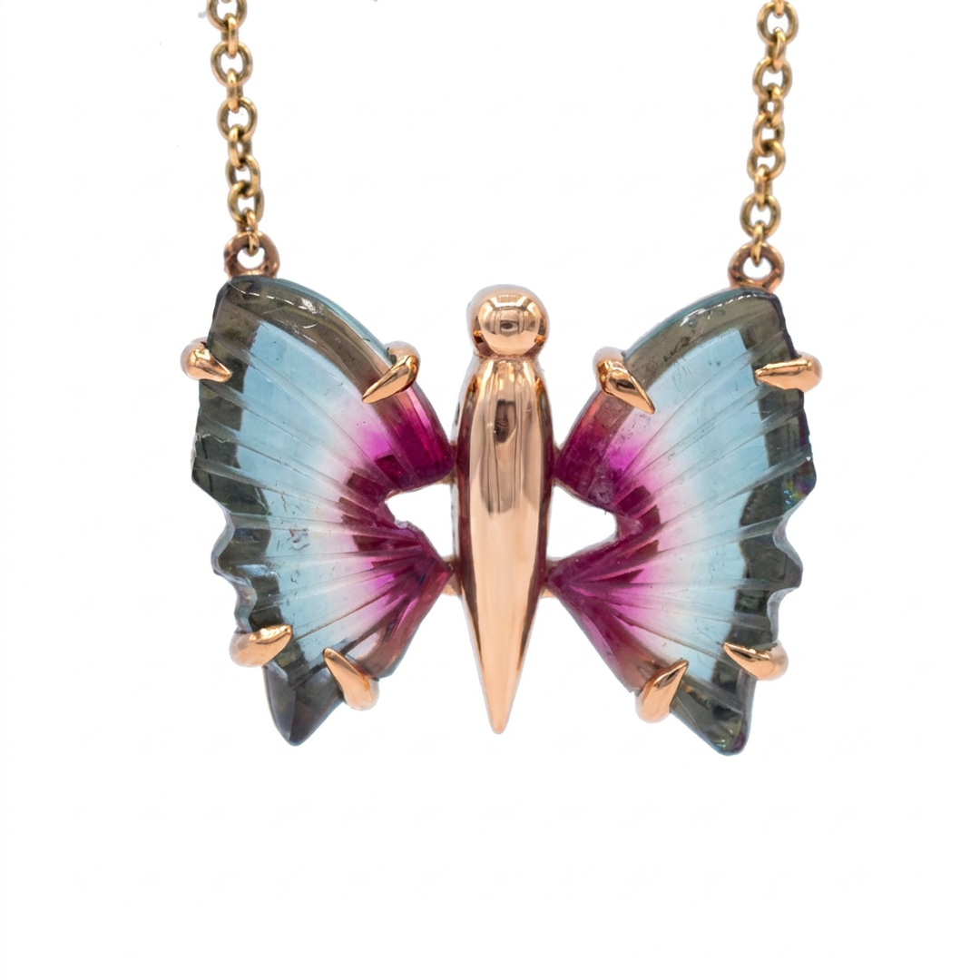 14k Rose Gold Carved Butterfly Ombre Tourmaline Necklace