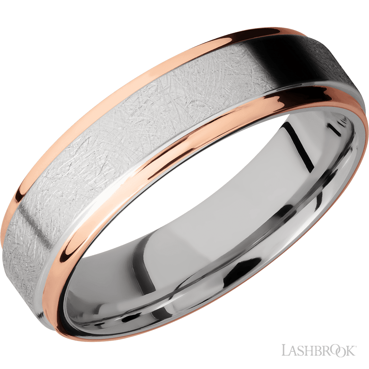Cobalt Chrome Flat Band with Distressed Finish and 14K Rose Gold Edges