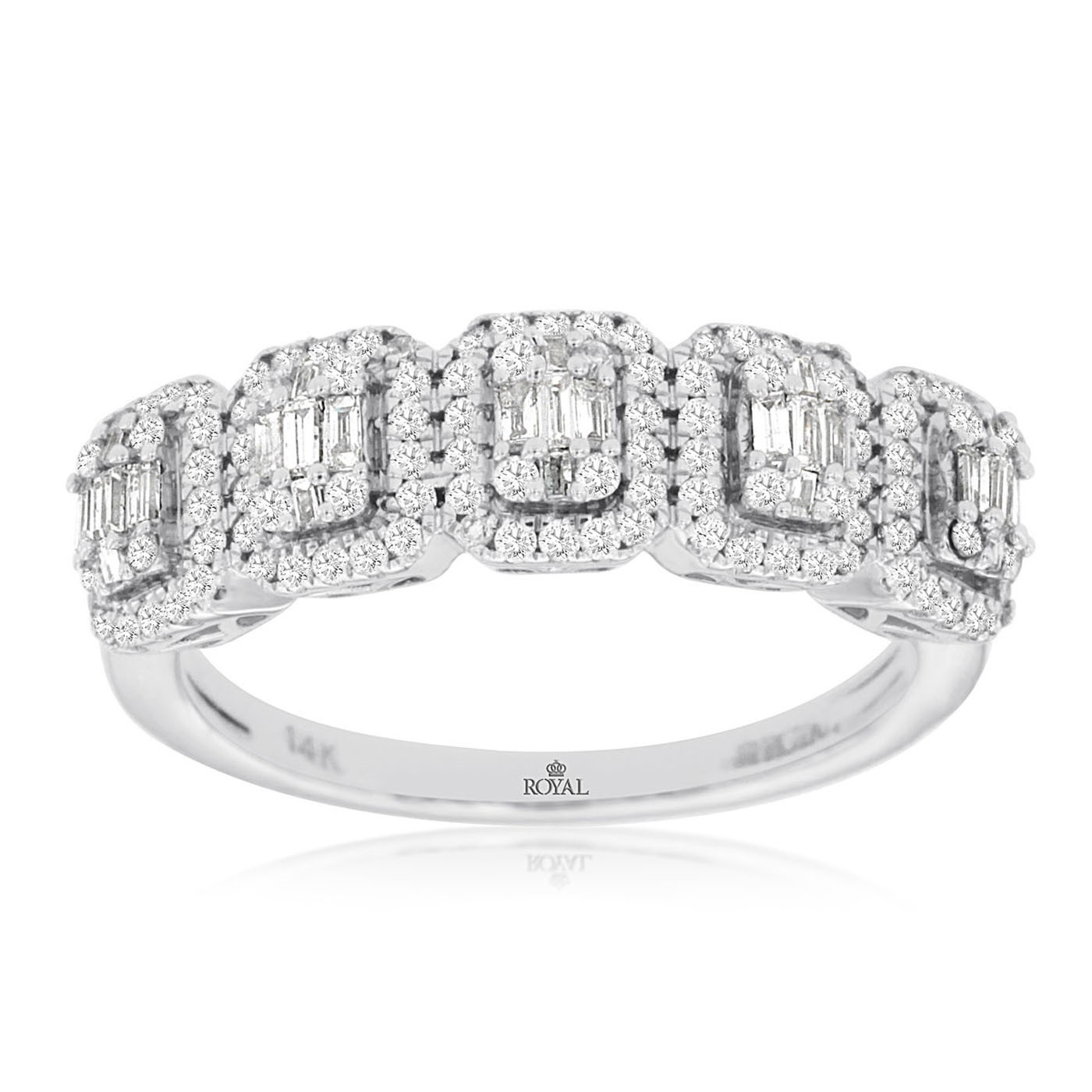 14k white Gold, Emerald Cluster & Cushion Shaped Halo Wedding Band